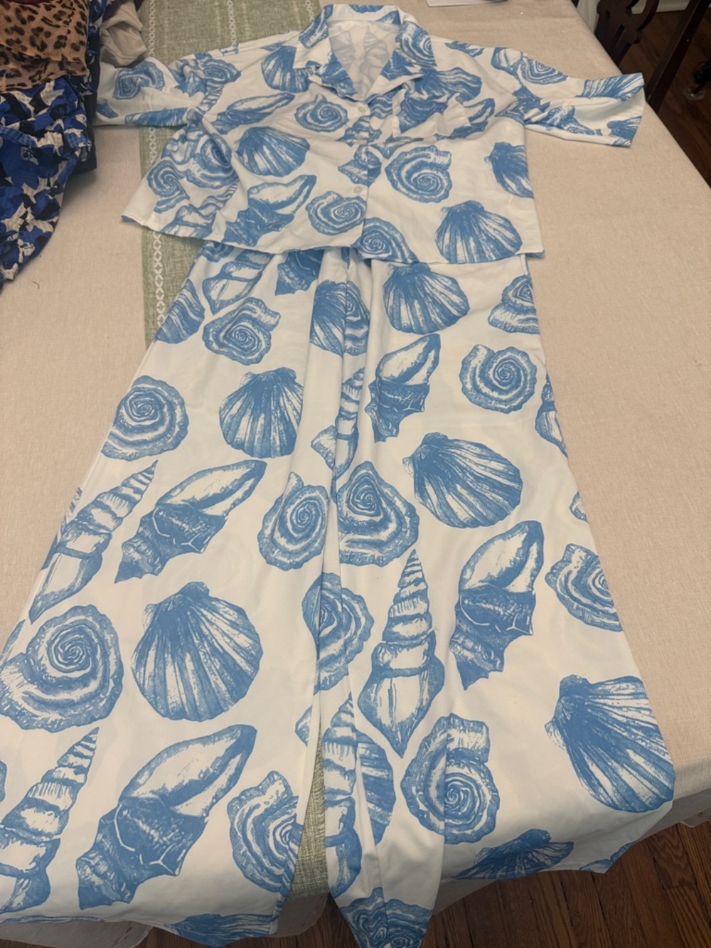 Two-Piece Shell Print Set in Blue and White silk pajamas